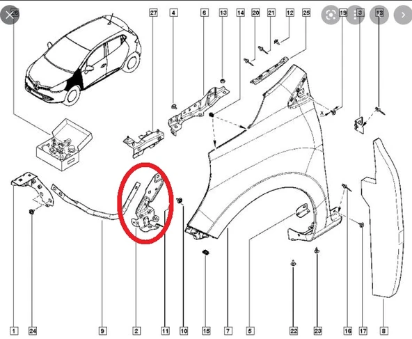 RENAULT CLIO- 4- HB- 16/20; ÖN ÇAMURLUK BAĞLANTI SUPORTU SOL (UÇ KISIM) (SAC) (EAGLE BODY) - 2