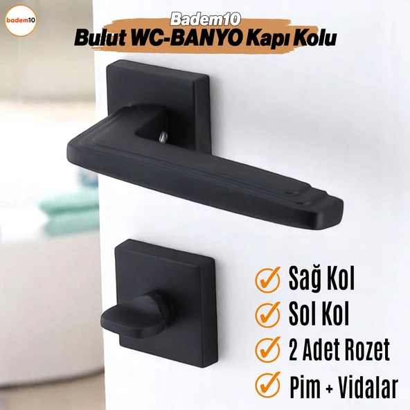 Bulut WC - BANYO Siyah Kapı Kolu Kare Rozetli Sağa Sola Uygun Ev Kapı Kolları Kilitlenebilir 1 Takım