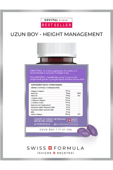 Sovital Tall Uzun Boy, Boy Uzamasına Yardımcı 11-21 Yaş, 60 Adet Softgel - 3