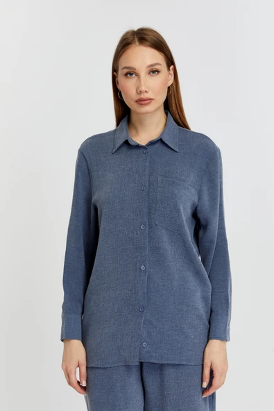 Kadın İndigo Casual Salaş Kalıp Gömlek - 3