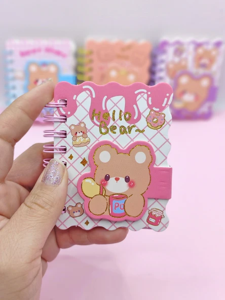 Hello Bear Cırtlı Cep Boy Sevimli Ayıcık Mini Not Defteri (7x8 cm) - Pembe - 2