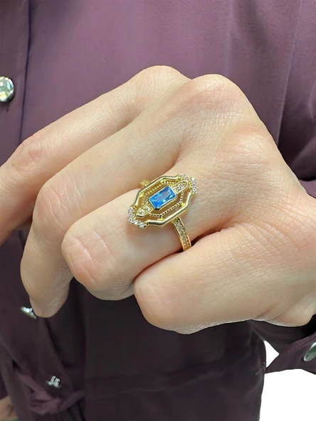 Üst Kalite Baget Aquamarine Taşlı 14 Ayar Altın Yüzük - 3