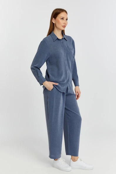 Kadın İndigo Casual Salaş Kalıp Gömlek - 8