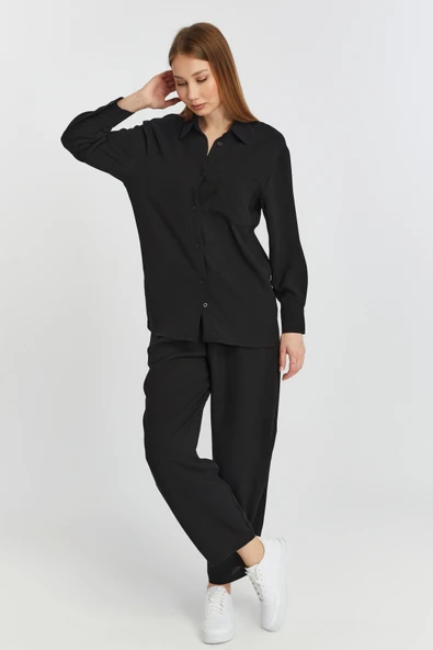 Kadın Siyah Casual Salaş Kalıp Gömlek - 7