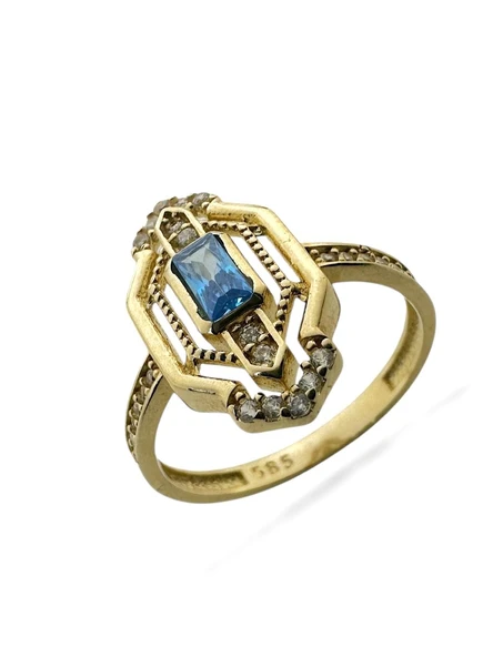 Üst Kalite Baget Aquamarine Taşlı 14 Ayar Altın Yüzük - 2