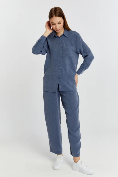 Kadın İndigo Casual Salaş Kalıp Gömlek - 6