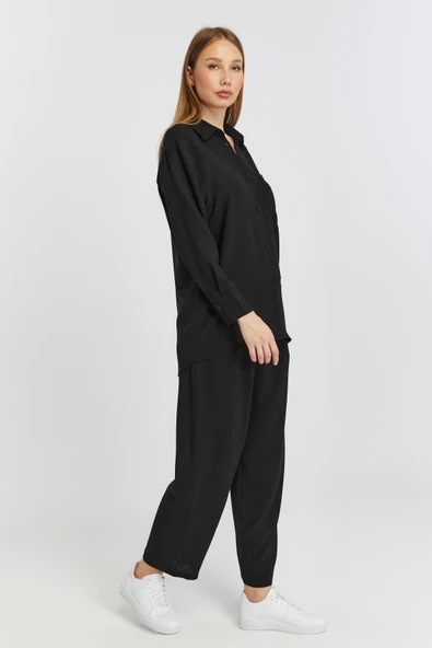 Kadın Siyah Casual Salaş Kalıp Gömlek - 9