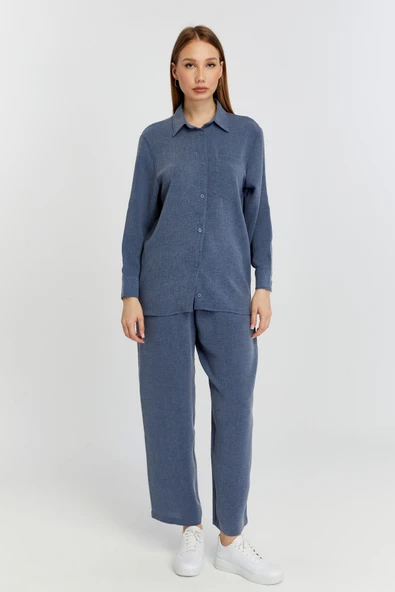 Kadın İndigo Casual Salaş Kalıp Gömlek - 9