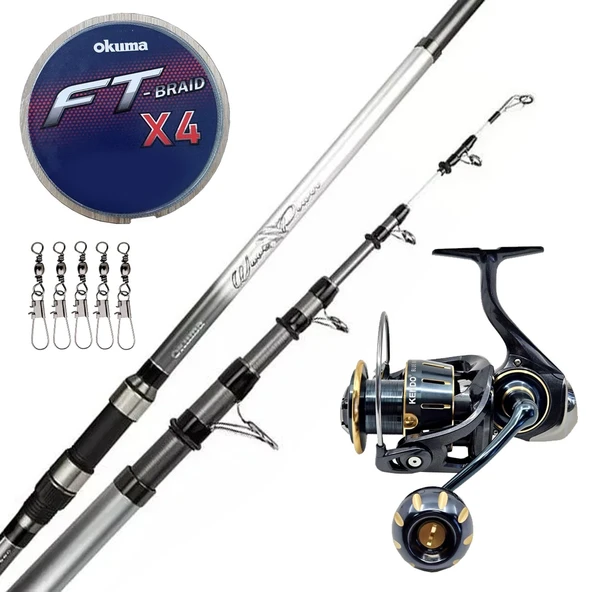 Yek Outdoor Hazır Surf Olta Seti Okuma Wave Power Tele Surf 3.90 cm 100-200 gr Surf Kamışı&Kendo Blue Bass GQ7000 5+1BB Olta Makinesi