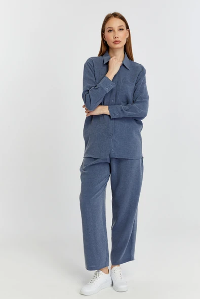 Kadın İndigo Casual Salaş Kalıp Gömlek - 7