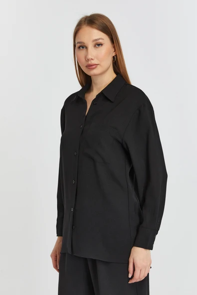 Kadın Siyah Casual Salaş Kalıp Gömlek - 2