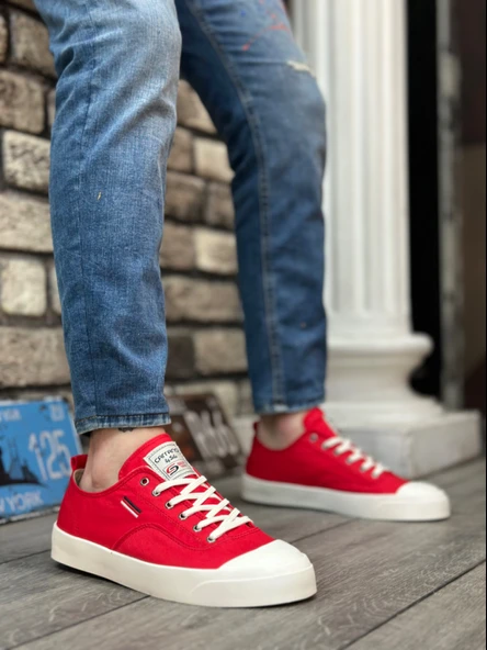 ET0223 Rahat Düz Taban Keten Bağcıklı Kırmızı Günlük Erkek Ayakkabı ürün görseli