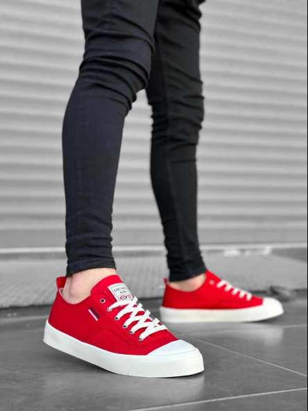 ET0223 Rahat Düz Taban Keten Bağcıklı Kırmızı Günlük Erkek Ayakkabı - Resim 4