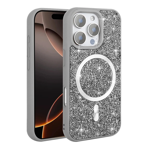 iPhone 16 Pro Max Kılıf Pırlanta Tasarımlı Kablosuz Şarj Özellikli Mozaik Silikon Kapak - Resim 3