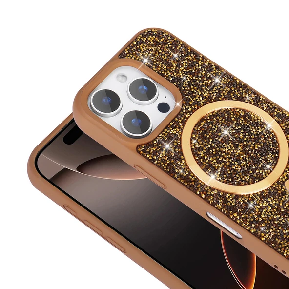 iPhone 16 Pro Max Kılıf Pırlanta Tasarımlı Kablosuz Şarj Özellikli Mozaik Silikon Kapak - Resim 6