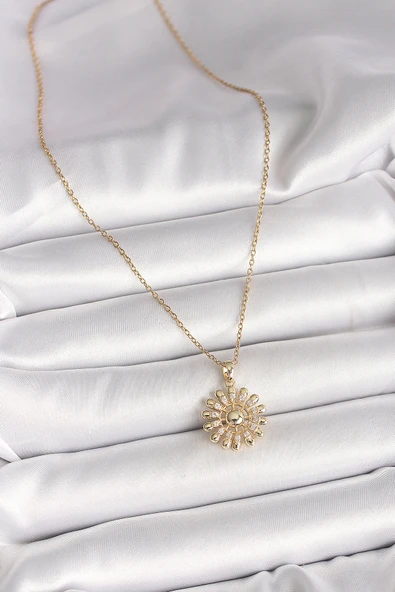 316L Çelik Gold Renk Zincir Zirkon Taşlı Güneş Model Kadın Kolye - TJ-BKO9966 - 2