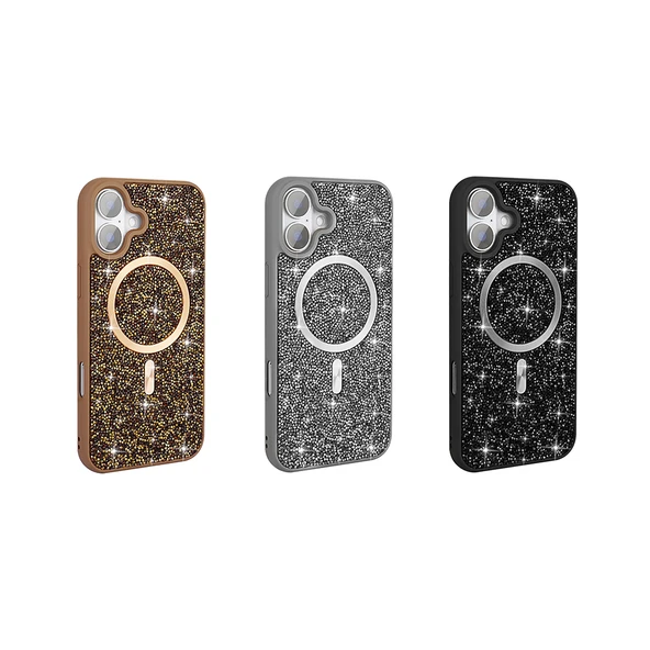 iPhone 16 Pro Kılıf Pırlanta Tasarımlı Kablosuz Şarj Özellikli Mozaik Silikon Kapak - Resim 8