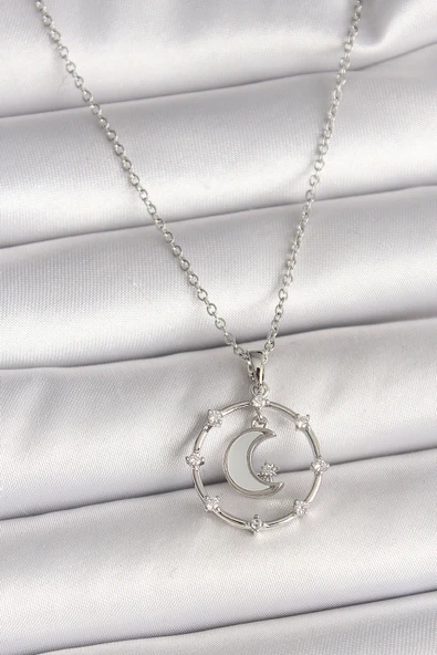 316L Çelik Gümüş Renk Zincir Zirkon Taşlı Beyaz Mineli Hilal Model Kadın Kolye - TJ-BKO9972 ürün görseli 1