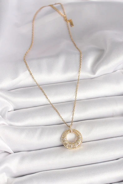316L Çelik Gold Renk Zincir Zirkon Taş İşlemeli Daire Model Kadın Kolye - TJ-BKO9968 - Resim 2