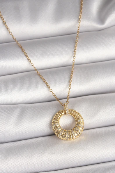 316L Çelik Gold Renk Zincir Zirkon Taş İşlemeli Daire Model Kadın Kolye - TJ-BKO9968 ürün görseli 1