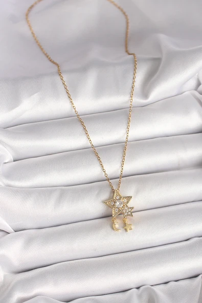 316L Çelik Gold Renk Zincir Zirkon Taşlı Yıldız Model Sallanı Ay Yıldız Detay Kadın Kolye - TJ-BKO9973 - 2