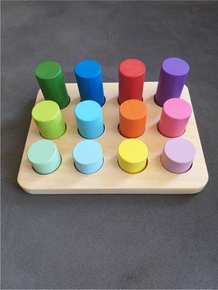 Montessori Eşleştirme Tablalı Silindirler & Eğitici Kartlar - 12 Renk - 3
