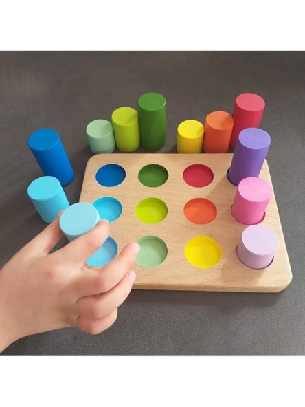 Montessori Eşleştirme Tablalı Silindirler & Eğitici Kartlar - 12 Renk - 4