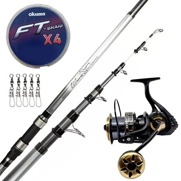 Yek Outdoor Hazır Surf Olta Seti Okuma Wave Power Tele Surf 3.90 cm 100-200 gr 5 Parça Surf Kamışı&Kendo Black Bass GP10000 5+1BB Olta Makinesi