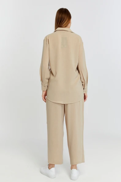 Kadın Bej Casual Salaş Kalıp Gömlek - 7