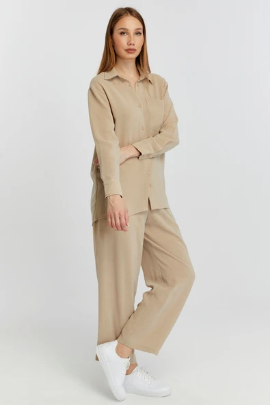 Kadın Bej Casual Salaş Kalıp Gömlek - 6