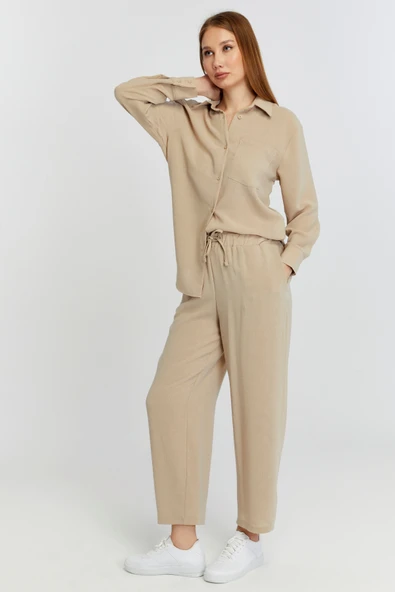 Kadın Bej Casual Salaş Kalıp Gömlek - 4