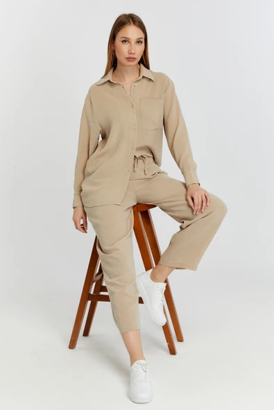 Kadın Bej Casual Salaş Kalıp Gömlek
