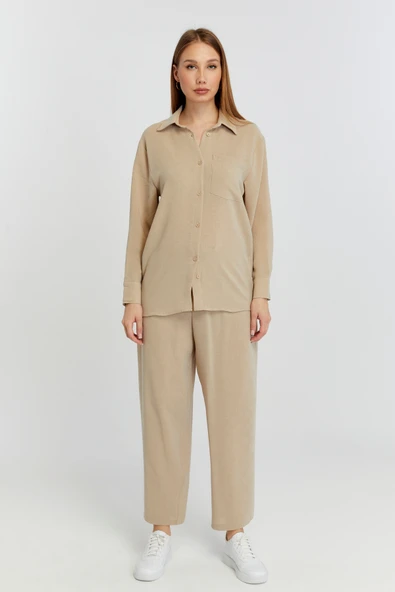Kadın Bej Casual Salaş Kalıp Gömlek - 8