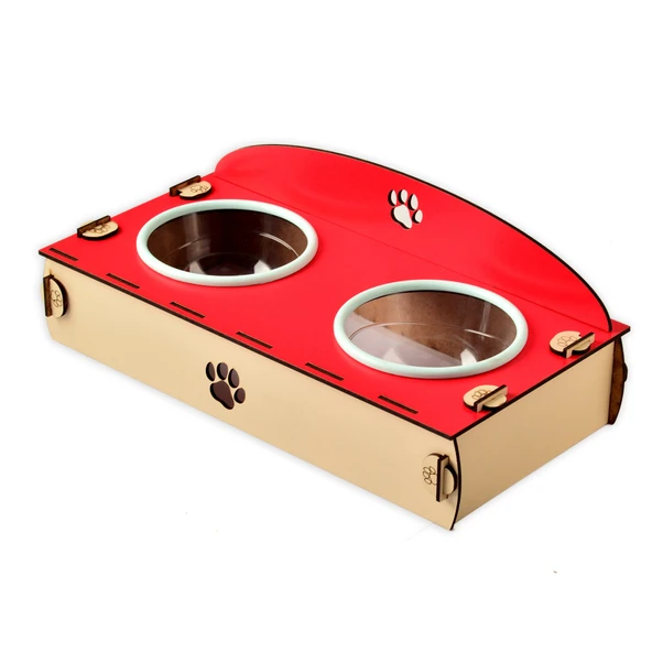 2li Ahşap Kedi, Köpek Mamalık, Yemek, Su ve Mama Kabı Plastik Kap - KIRMIZI ürün görseli