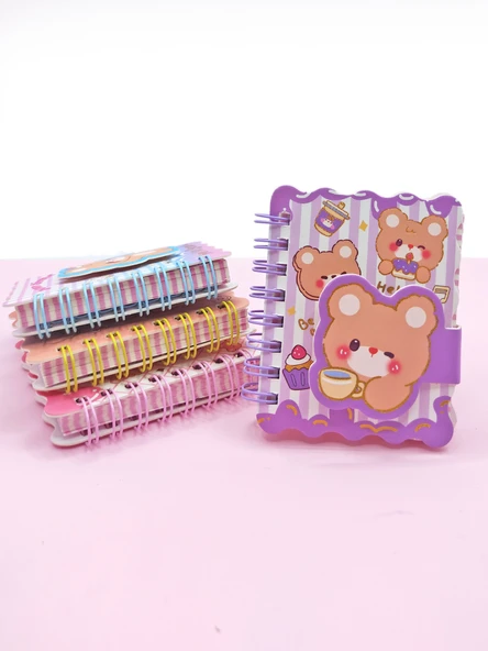 Hello Bear Cırtlı Cep Boy Sevimli Ayıcık Mini Not Defteri (7x8 cm) - Mor