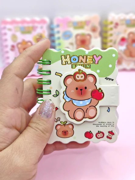 Honey Bear Cırtlı Cep Boy Sevimli Ayıcık Mini Not Defteri (7x8 cm) - Yeşil - 2