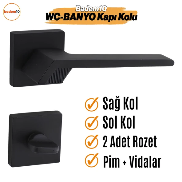 Güneş WC - BANYO Siyah Kapı Kolu Kare Rozetli Sağa Sola Uygun Ev Kapı Kolları Kilitlenebilir 1 Takım - 2