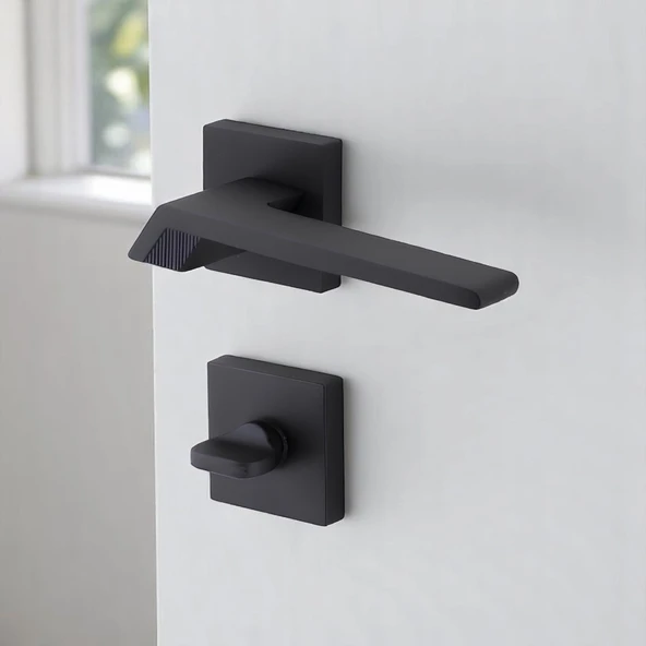 Güneş WC - BANYO Siyah Kapı Kolu Kare Rozetli Sağa Sola Uygun Ev Kapı Kolları Kilitlenebilir 1 Takım - 6