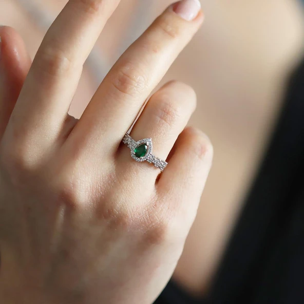 Damla Başak Modeli Yeşil Zirkon Taşlı Sarkıt Gümüş Set - Resim 6