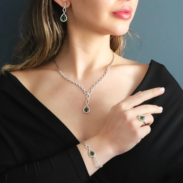 Damla Modeli Yeşil Zirkon Taşlı Gümüş Set ürün görseli 1