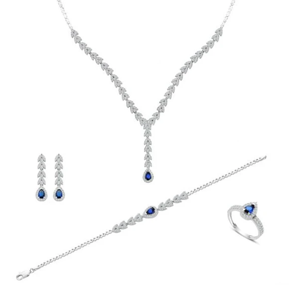Damla Başak Modeli Safir Taşlı Gümüş Set - Resim 7