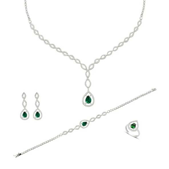 Damla Modeli Yeşil Zirkon Taşlı Gümüş Set - Resim 7