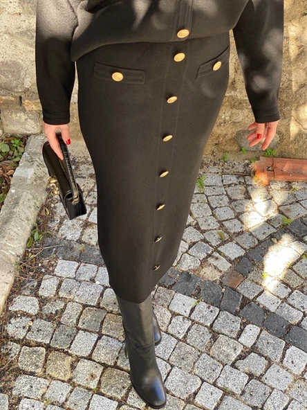 Hot Fashion SİYAH GOLD DÜĞMELİ ETEK