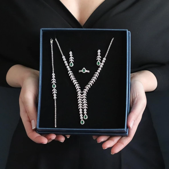 Damla Başak Modeli Yeşil Zirkon Taşlı Sarkıt Gümüş Set - Resim 8