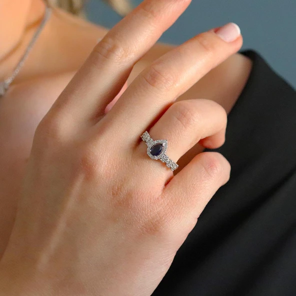 Damla Başak Modeli Safir Taşlı Gümüş Set - Resim 4