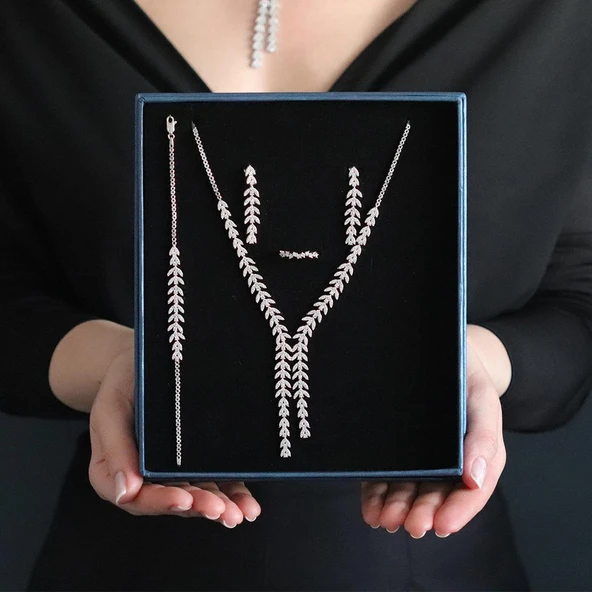 Zirkon Taşlı Başak Modeli Gümüş Set - Resim 8