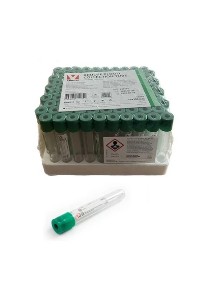 Kruuse 10 Ml Vakumlu Yeşil Kapaklı Lityum/Heparinli Tüp. 100'lü Paket