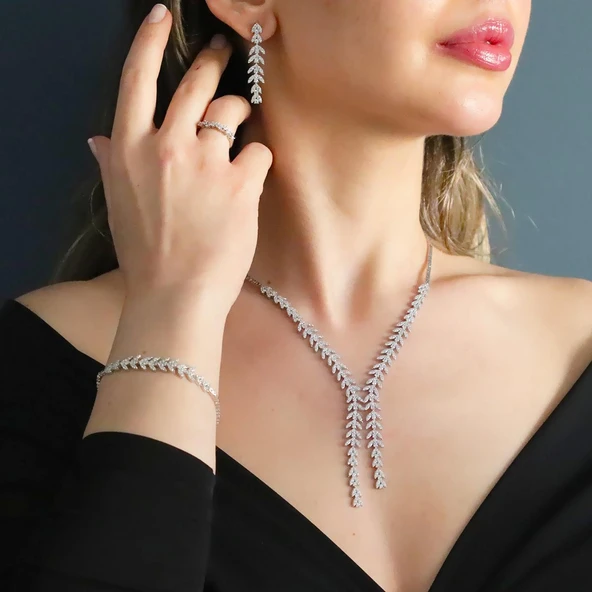 Zirkon Taşlı Başak Modeli Gümüş Set - Resim 2