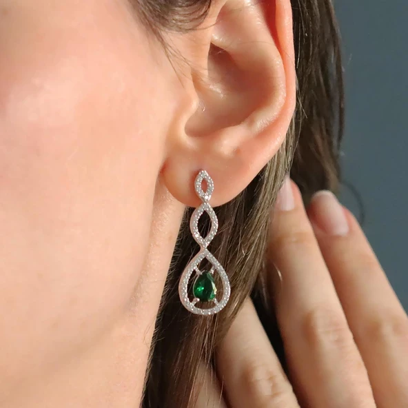 Damla Modeli Yeşil Zirkon Taşlı Gümüş Set - Resim 4
