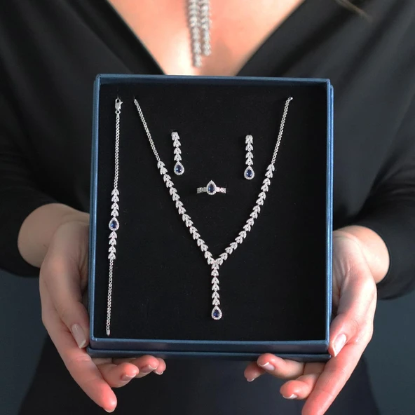Damla Başak Modeli Safir Taşlı Gümüş Set - Resim 8